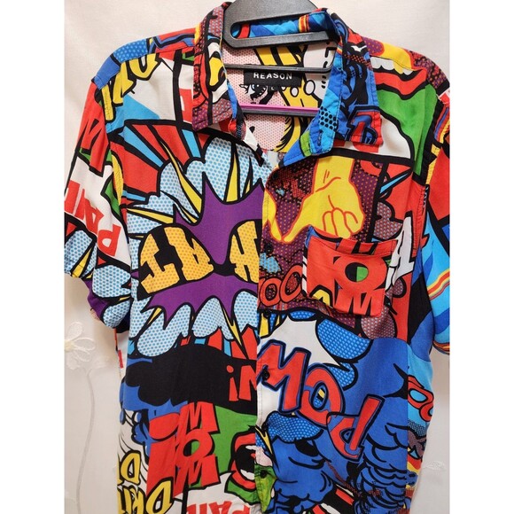 Reason Mens Large Shirt Button Up Pop Art Retro Comic Graphic Wild Colorful Geek - Picture 7 of 14